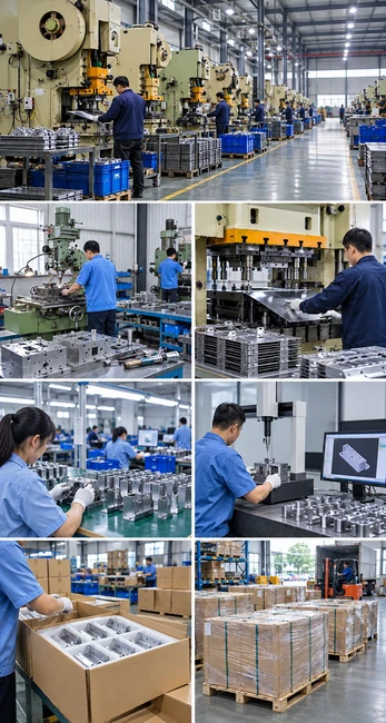 Technician inspecting metal parts in factory